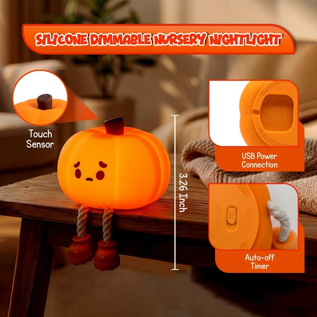 Alt view image 4 of 7 - Pumpkin Night Light, Cute Silicone Lamp Dimmable Nightlight Rechargeable Lamp, Squishy Stress Relief Toy, 3 Brightness 30 Min Timer, Halloween Decor Office Desk Home Decorations