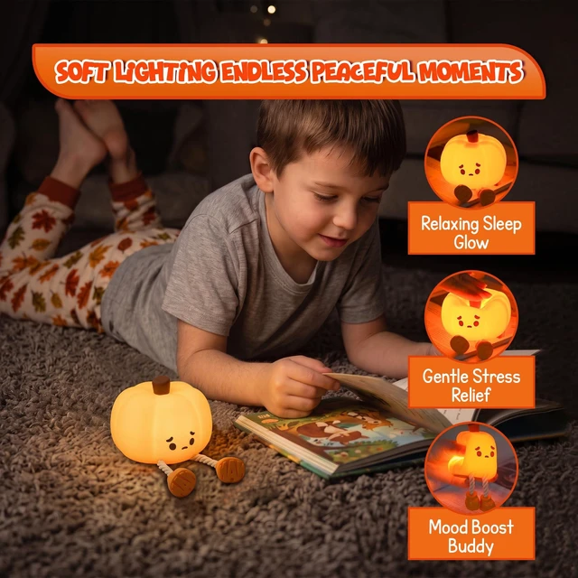Alt view image 7 of 7 - Pumpkin Night Light, Cute Silicone Lamp Dimmable Nightlight Rechargeable Lamp, Squishy Stress Relief Toy, 3 Brightness 30 Min Timer, Halloween Decor Office Desk Home Decorations