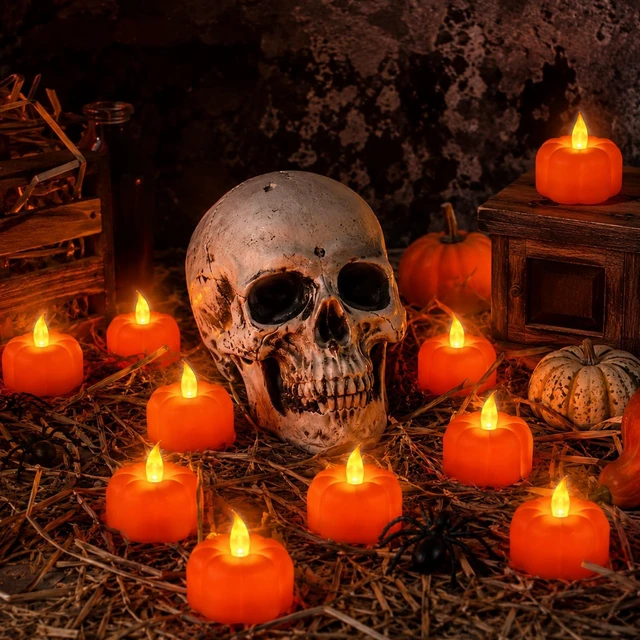 Alt view image 2 of 6 - 12 Pack Halloween Decorations Pumpkin Tea Lights Candles Battery Operated | Fall Decorations for Home, LED Orange Pumpkin Lights Flickering Flameless Candles Table Home Indoor Party Thanksgiving Decor