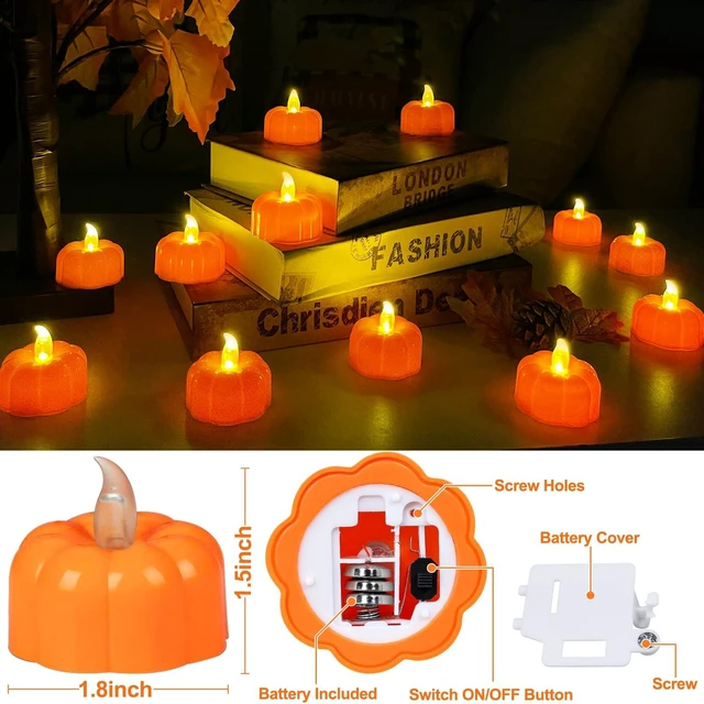 Alt view image 3 of 6 - 12 Pack Halloween Decorations Pumpkin Tea Lights Candles Battery Operated | Fall Decorations for Home, LED Orange Pumpkin Lights Flickering Flameless Candles Table Home Indoor Party Thanksgiving Decor