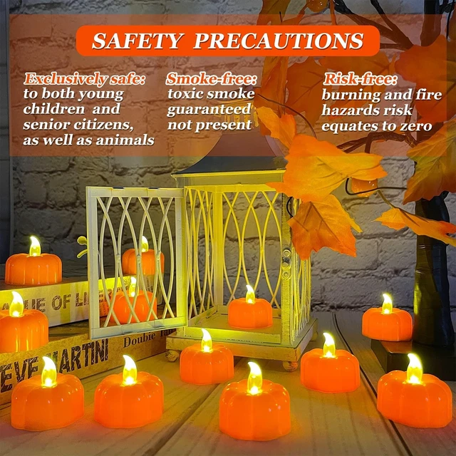 Alt view image 4 of 6 - 12 Pack Halloween Decorations Pumpkin Tea Lights Candles Battery Operated | Fall Decorations for Home, LED Orange Pumpkin Lights Flickering Flameless Candles Table Home Indoor Party Thanksgiving Decor