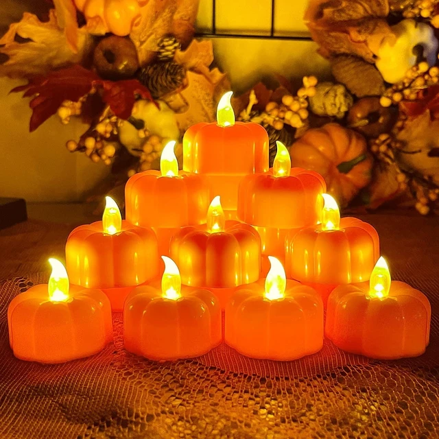 Alt view image 5 of 6 - 12 Pack Halloween Decorations Pumpkin Tea Lights Candles Battery Operated | Fall Decorations for Home, LED Orange Pumpkin Lights Flickering Flameless Candles Table Home Indoor Party Thanksgiving Decor