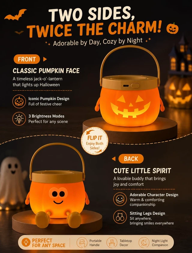 Alt view image 2 of 7 - Pumpkin Night Light, Cute Pumpkin Lamp, Halloween Gifts Fall Decor | Portable Halloween Lamps, Rechargeable Table Lamp for Halloween Decorations Indoor Gifts