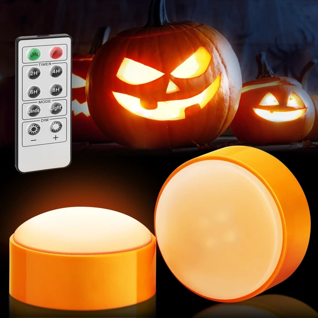 Main image of 2-Pack Halloween LED Pumpkin Lights with Remote and Timer, Battery Operated Orange Jack-O-Lantern Light for Halloween Decor, Flameless Candles for Pumpkin Decorations