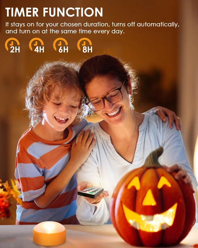 Alt view image 3 of 7 - 2-Pack Halloween LED Pumpkin Lights with Remote and Timer, Battery Operated Orange Jack-O-Lantern Light for Halloween Decor, Flameless Candles for Pumpkin Decorations