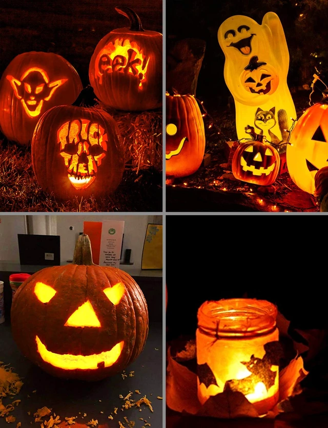 Alt view image 6 of 7 - 2-Pack Halloween LED Pumpkin Lights with Remote and Timer, Battery Operated Orange Jack-O-Lantern Light for Halloween Decor, Flameless Candles for Pumpkin Decorations