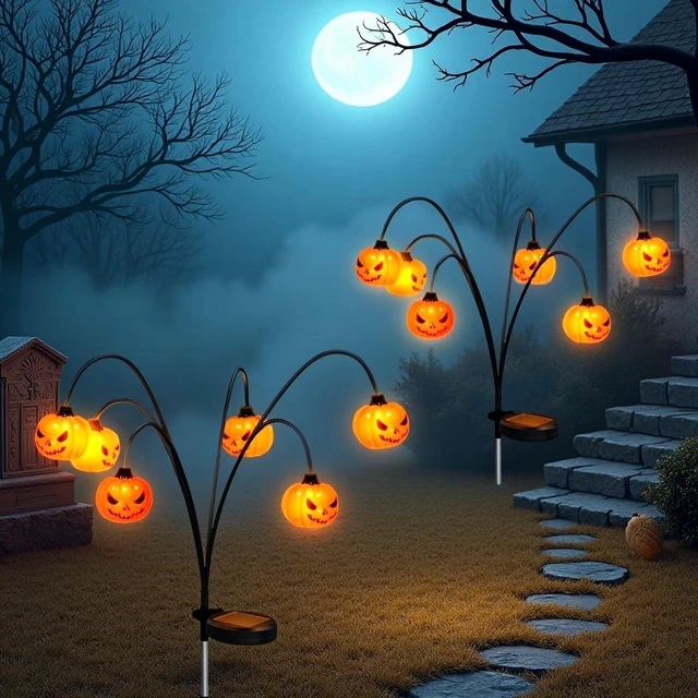 Main image of 2 Pack Solar Halloween Lights Outdoor Decorations, Fall Pumpkin Lanterns | Garden Stake Light Waterproof, Halloween Decor Jack O Lantern, 12 LED Orange Lamp Swinging Decoration for Yard, Porch, Party
