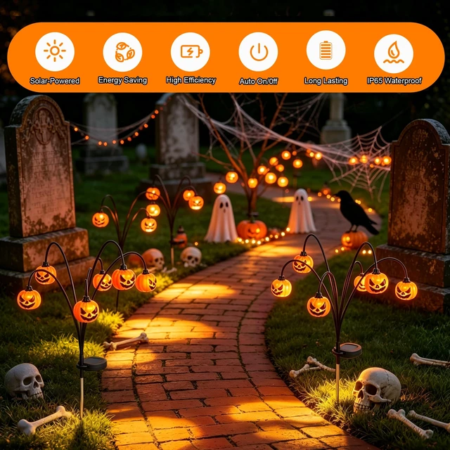 Alt view image 2 of 7 - 2 Pack Solar Halloween Lights Outdoor Decorations, Fall Pumpkin Lanterns | Garden Stake Light Waterproof, Halloween Decor Jack O Lantern, 12 LED Orange Lamp Swinging Decoration for Yard, Porch, Party