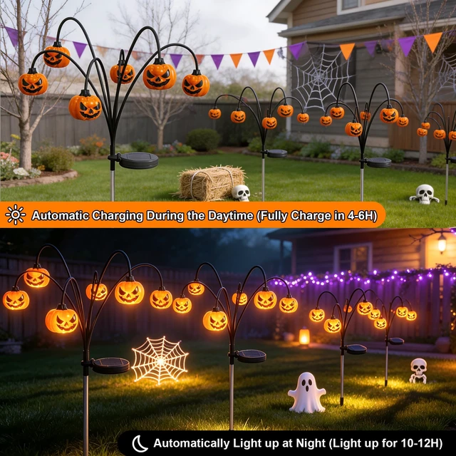 Alt view image 3 of 7 - 2 Pack Solar Halloween Lights Outdoor Decorations, Fall Pumpkin Lanterns | Garden Stake Light Waterproof, Halloween Decor Jack O Lantern, 12 LED Orange Lamp Swinging Decoration for Yard, Porch, Party