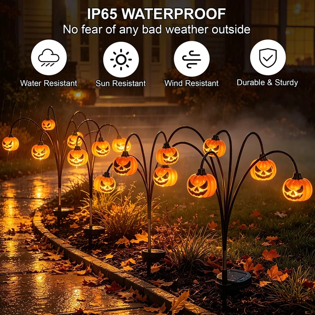 Alt view image 4 of 7 - 2 Pack Solar Halloween Lights Outdoor Decorations, Fall Pumpkin Lanterns | Garden Stake Light Waterproof, Halloween Decor Jack O Lantern, 12 LED Orange Lamp Swinging Decoration for Yard, Porch, Party