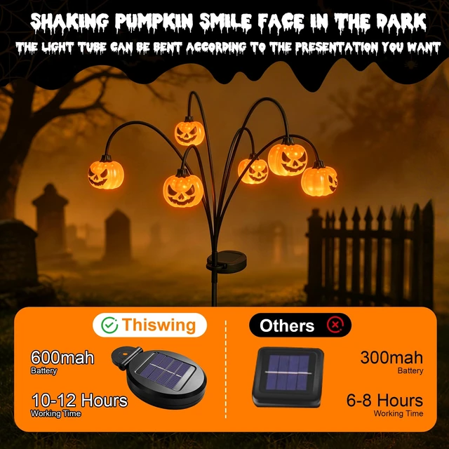 Alt view image 5 of 7 - 2 Pack Solar Halloween Lights Outdoor Decorations, Fall Pumpkin Lanterns | Garden Stake Light Waterproof, Halloween Decor Jack O Lantern, 12 LED Orange Lamp Swinging Decoration for Yard, Porch, Party