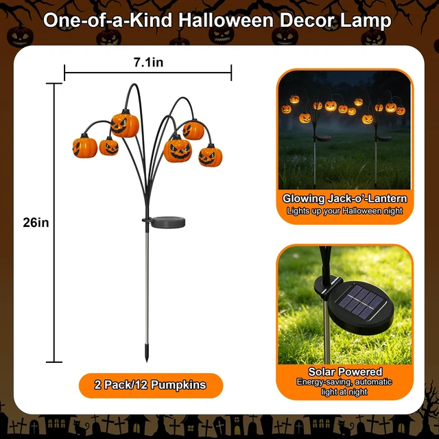Alt view image 6 of 7 - 2 Pack Solar Halloween Lights Outdoor Decorations, Fall Pumpkin Lanterns | Garden Stake Light Waterproof, Halloween Decor Jack O Lantern, 12 LED Orange Lamp Swinging Decoration for Yard, Porch, Party