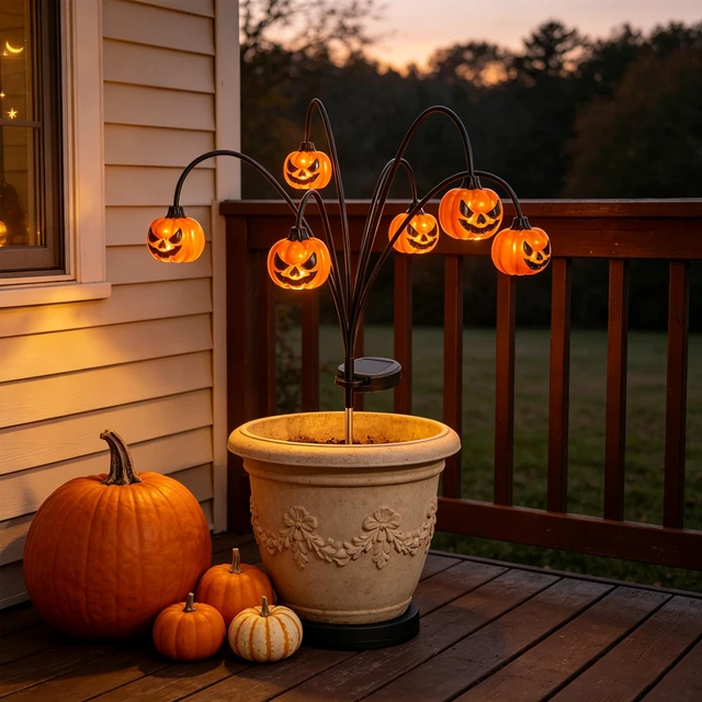 Alt view image 7 of 7 - 2 Pack Solar Halloween Lights Outdoor Decorations, Fall Pumpkin Lanterns | Garden Stake Light Waterproof, Halloween Decor Jack O Lantern, 12 LED Orange Lamp Swinging Decoration for Yard, Porch, Party
