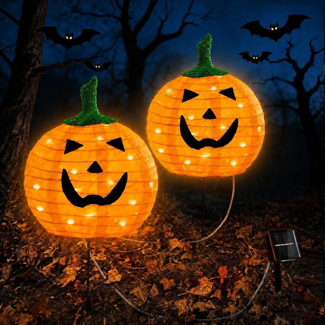 Main image of Solar Halloween Pumpkin Lights, 2 Pack Outdoor Pathway Stake Lights | 12 inch Pumpkin Heads, Warm White LEDs, 2 Lighting Modes, Auto On at Dusk, Metal Ground Stakes, Weather-Resistant