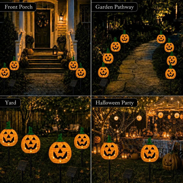 Alt view image 7 of 7 - Solar Halloween Pumpkin Lights, 2 Pack Outdoor Pathway Stake Lights | 12 inch Pumpkin Heads, Warm White LEDs, 2 Lighting Modes, Auto On at Dusk, Metal Ground Stakes, Weather-Resistant