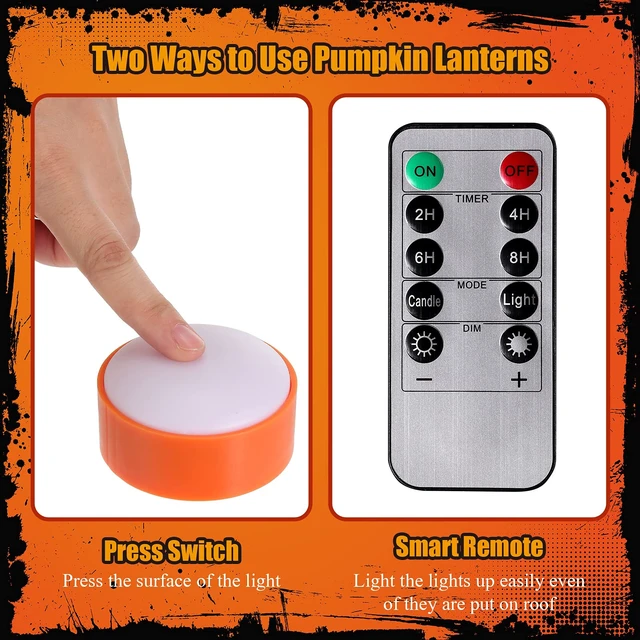 Alt view image 4 of 6 - 6 Pack Halloween Pumpkin LED Lights, Orange | 2 Remotes Timer Jack-o Pumpkin Lights Lantern Battery Operated Lantern Bright Flameless Candle Decor Outdoor Decorations