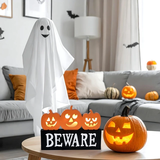 Alt view image 2 of 7 - Lighted Halloween Pumpkin Decor Wooden Beware Table Sign Indoor