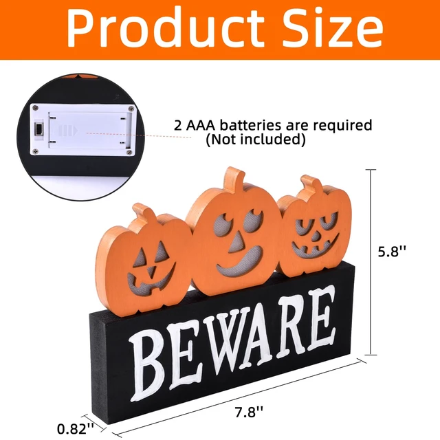 Alt view image 3 of 7 - Lighted Halloween Pumpkin Decor Wooden Beware Table Sign Indoor