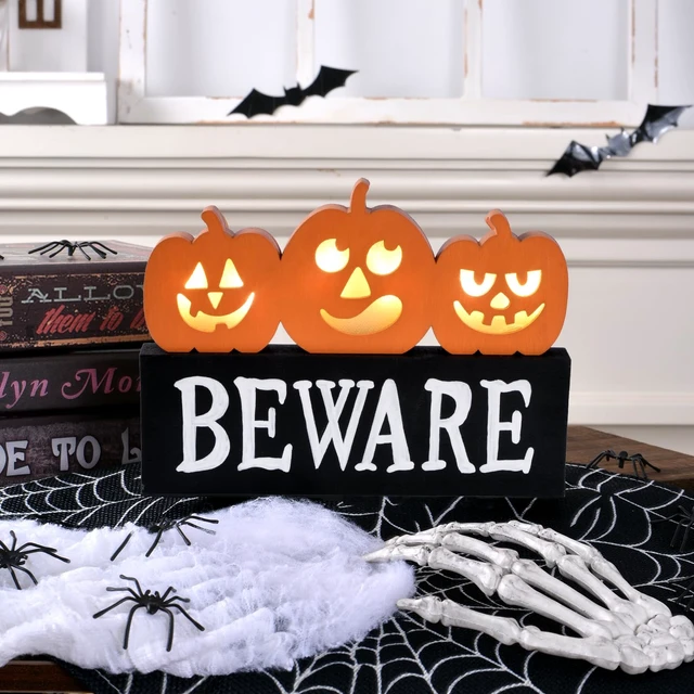 Alt view image 4 of 7 - Lighted Halloween Pumpkin Decor Wooden Beware Table Sign Indoor