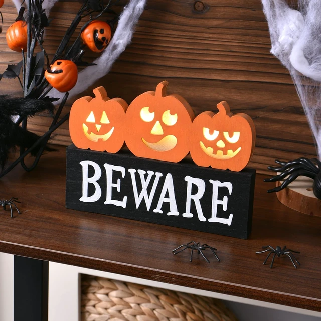 Alt view image 5 of 7 - Lighted Halloween Pumpkin Decor Wooden Beware Table Sign Indoor