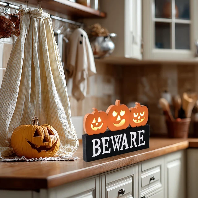 Alt view image 6 of 7 - Lighted Halloween Pumpkin Decor Wooden Beware Table Sign Indoor