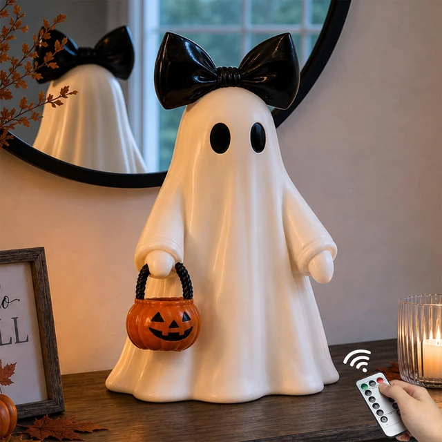 Main image of 14 in Large Lighted White Ghost Figurine with Pumpkin Lantern&Remote Timer | Modern Minimalist Resin Ghost Statue with Lights string, Halloween Decorations Indoor for Tabletop Mantel Shelf Entryway