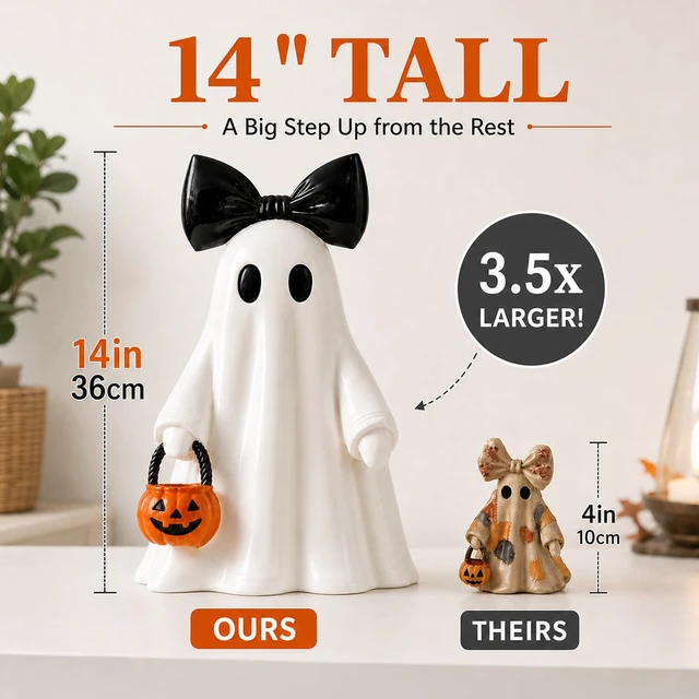 Alt view image 2 of 7 - 14 in Large Lighted White Ghost Figurine with Pumpkin Lantern&Remote Timer | Modern Minimalist Resin Ghost Statue with Lights string, Halloween Decorations Indoor for Tabletop Mantel Shelf Entryway