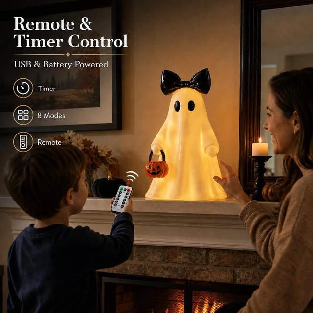 Alt view image 4 of 7 - 14 in Large Lighted White Ghost Figurine with Pumpkin Lantern&Remote Timer | Modern Minimalist Resin Ghost Statue with Lights string, Halloween Decorations Indoor for Tabletop Mantel Shelf Entryway