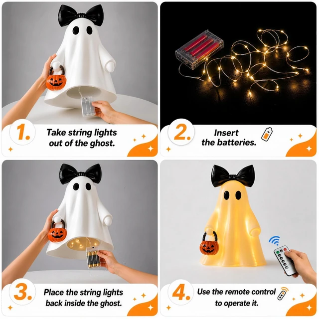 Alt view image 3 of 7 - 14 in Large Lighted White Ghost Figurine with Pumpkin Lantern&Remote Timer | Modern Minimalist Resin Ghost Statue with Lights string, Halloween Decorations Indoor for Tabletop Mantel Shelf Entryway