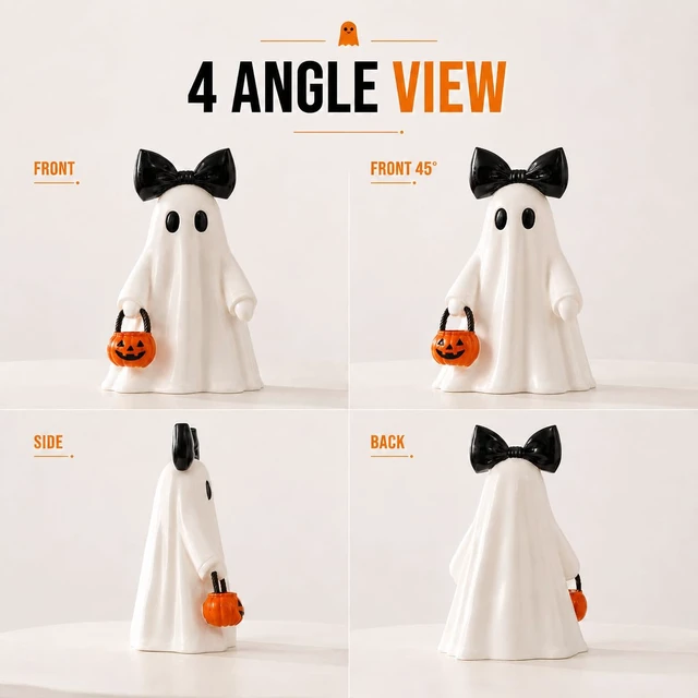 Alt view image 7 of 7 - 14 in Large Lighted White Ghost Figurine with Pumpkin Lantern&Remote Timer | Modern Minimalist Resin Ghost Statue with Lights string, Halloween Decorations Indoor for Tabletop Mantel Shelf Entryway