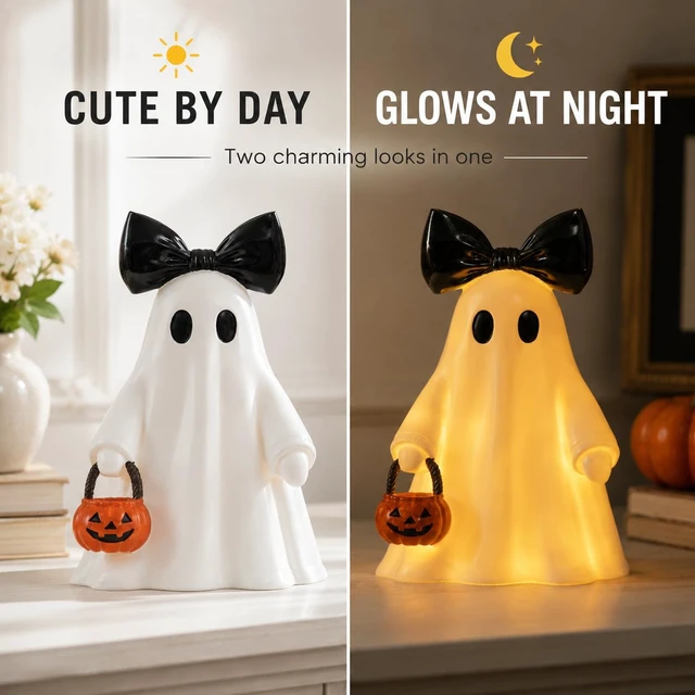 Alt view image 5 of 7 - 14 in Large Lighted White Ghost Figurine with Pumpkin Lantern&Remote Timer | Modern Minimalist Resin Ghost Statue with Lights string, Halloween Decorations Indoor for Tabletop Mantel Shelf Entryway