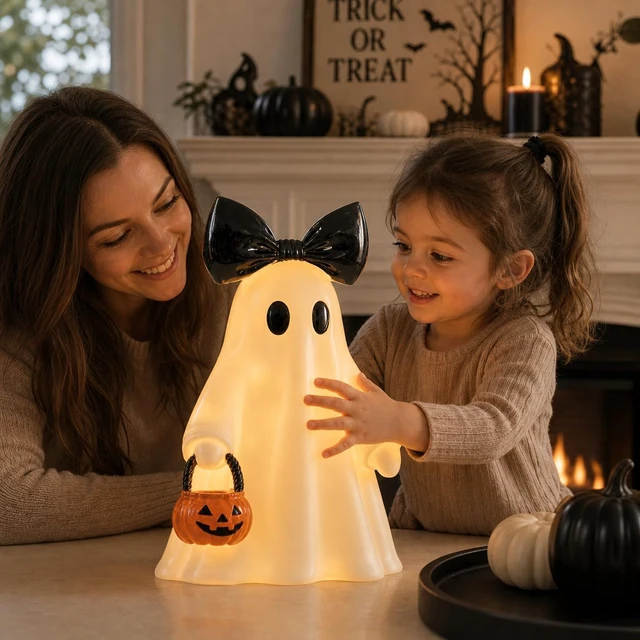 Alt view image 6 of 7 - 14 in Large Lighted White Ghost Figurine with Pumpkin Lantern&Remote Timer | Modern Minimalist Resin Ghost Statue with Lights string, Halloween Decorations Indoor for Tabletop Mantel Shelf Entryway