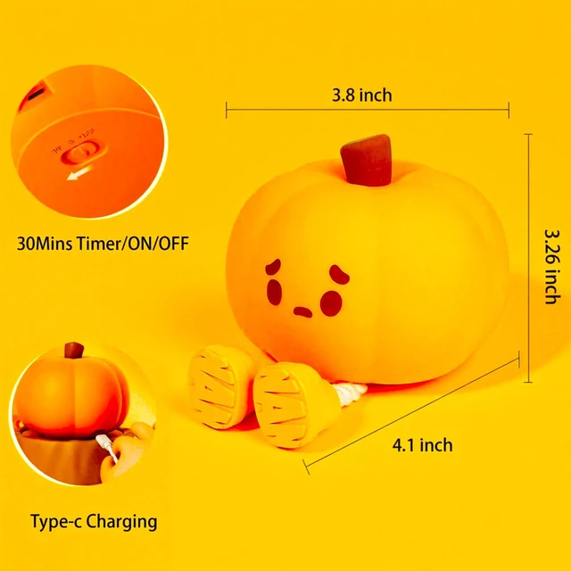 Alt view image 6 of 6 - Pumpkin Night Light, Pumpkin Lamp, Cute LED Lamp, Silicone Dimmable Nursery Nightlight, Silicone Rechargeable Bedside Touch Lamp, Funny Office Desk and Halloween Decor Gifts