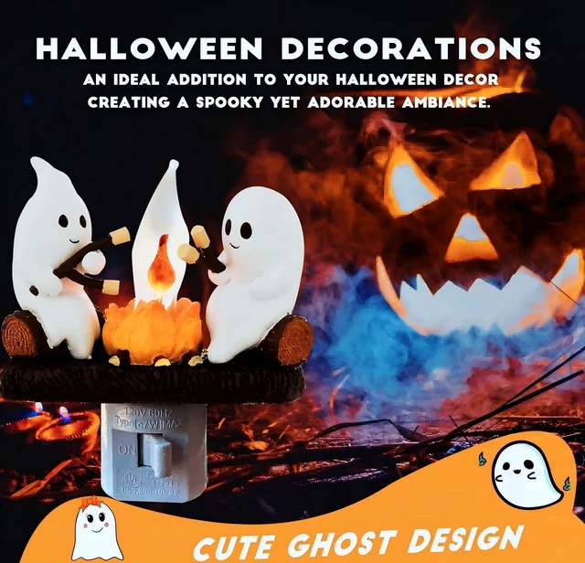 Alt view image 2 of 6 - Ghosts Roasting Marshmallows Night Light, Halloween Nightlight Plug In Lamp | Cute Spooky Ghost Figurine Lamp, Halloween Decor for Bedroom Hallway Bathroom, Seasonal Holiday Gift for Kids & Adults
