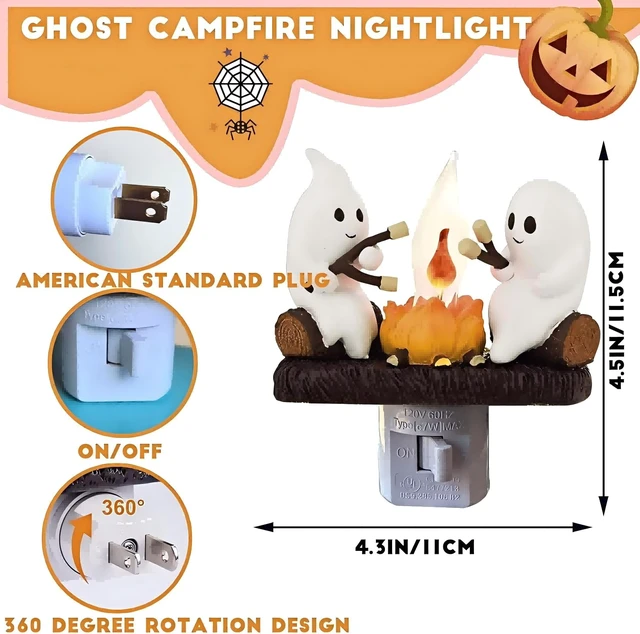 Alt view image 3 of 6 - Ghosts Roasting Marshmallows Night Light, Halloween Nightlight Plug In Lamp | Cute Spooky Ghost Figurine Lamp, Halloween Decor for Bedroom Hallway Bathroom, Seasonal Holiday Gift for Kids & Adults
