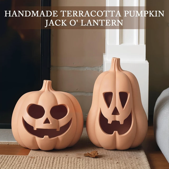 Alt view image 4 of 7 - Halloween Decor Terracotta Jack O Lantern Pumpkin Decor,Orange | 2 Pack Fall Decor, 7.1" 5.9" H Handmade Pumpkin Decoration, Clay Pumpkin, Halloween Tealight Holder for Indoor Outdoor Home