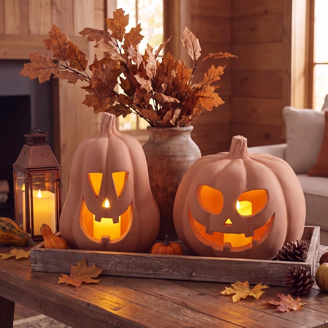 Alt view image 3 of 7 - Halloween Decor Terracotta Jack O Lantern Pumpkin Decor,Orange | 2 Pack Fall Decor, 7.1" 5.9" H Handmade Pumpkin Decoration, Clay Pumpkin, Halloween Tealight Holder for Indoor Outdoor Home