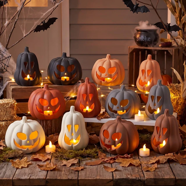 Alt view image 6 of 7 - Halloween Decor Terracotta Jack O Lantern Pumpkin Decor,Orange | 2 Pack Fall Decor, 7.1" 5.9" H Handmade Pumpkin Decoration, Clay Pumpkin, Halloween Tealight Holder for Indoor Outdoor Home