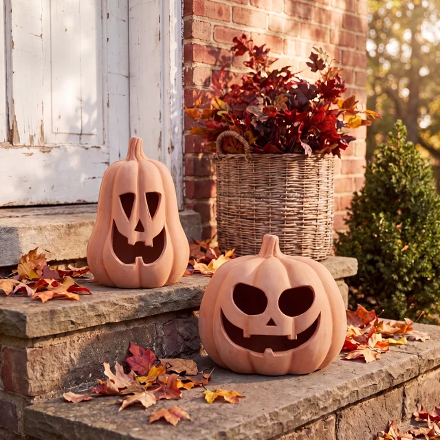 Alt view image 5 of 7 - Halloween Decor Terracotta Jack O Lantern Pumpkin Decor,Orange | 2 Pack Fall Decor, 7.1" 5.9" H Handmade Pumpkin Decoration, Clay Pumpkin, Halloween Tealight Holder for Indoor Outdoor Home