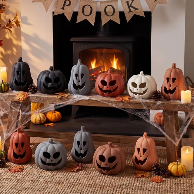 Alt view image 7 of 7 - Halloween Decor Terracotta Jack O Lantern Pumpkin Decor,Orange | 2 Pack Fall Decor, 7.1" 5.9" H Handmade Pumpkin Decoration, Clay Pumpkin, Halloween Tealight Holder for Indoor Outdoor Home