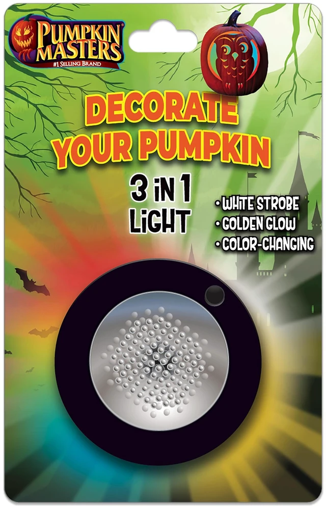 Main image of Premium 3 in 1 Pumpkin Light Versatile Pumpkin Lighting with White Strobe, Golden Glow, and Color Changing Effects, Batteries not Included