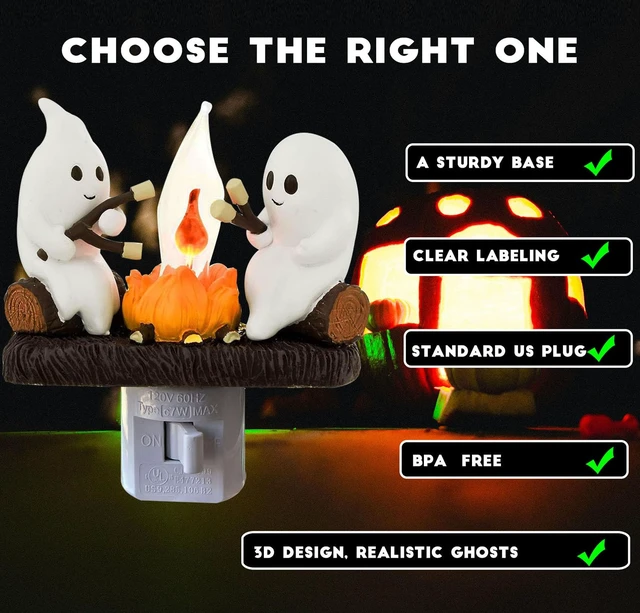 Alt view image 4 of 6 - Ghosts Roasting Marshmallows Night Light, Halloween Nightlight Plug In Lamp | Cute Spooky Ghost Figurine Lamp, Halloween Decor for Bedroom Hallway Bathroom, Seasonal Holiday Gift for Kids & Adults
