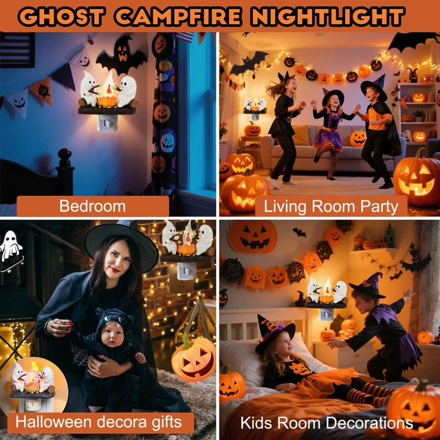 Alt view image 6 of 6 - Ghosts Roasting Marshmallows Night Light, Halloween Nightlight Plug In Lamp | Cute Spooky Ghost Figurine Lamp, Halloween Decor for Bedroom Hallway Bathroom, Seasonal Holiday Gift for Kids & Adults