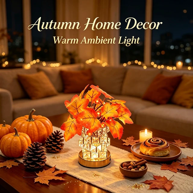 Alt view image 2 of 7 - LED Maple Leaf Lamp, USB, Crystal Base, Fall Decor Gift | USB maple leaf lamp with fabric leaves. Fall decor, thanksgiving halloween decor, home. & pumpkin lights, twinkling pumpkins.