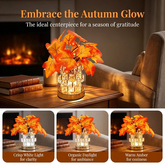 Alt view image 3 of 7 - LED Maple Leaf Lamp, USB, Crystal Base, Fall Decor Gift | USB maple leaf lamp with fabric leaves. Fall decor, thanksgiving halloween decor, home. & pumpkin lights, twinkling pumpkins.