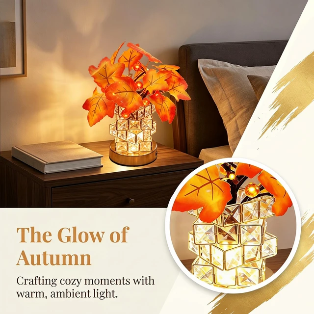 Alt view image 4 of 7 - LED Maple Leaf Lamp, USB, Crystal Base, Fall Decor Gift | USB maple leaf lamp with fabric leaves. Fall decor, thanksgiving halloween decor, home. & pumpkin lights, twinkling pumpkins.