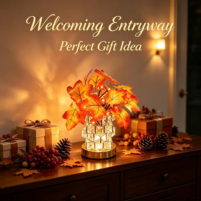 Alt view image 5 of 7 - LED Maple Leaf Lamp, USB, Crystal Base, Fall Decor Gift | USB maple leaf lamp with fabric leaves. Fall decor, thanksgiving halloween decor, home. & pumpkin lights, twinkling pumpkins.
