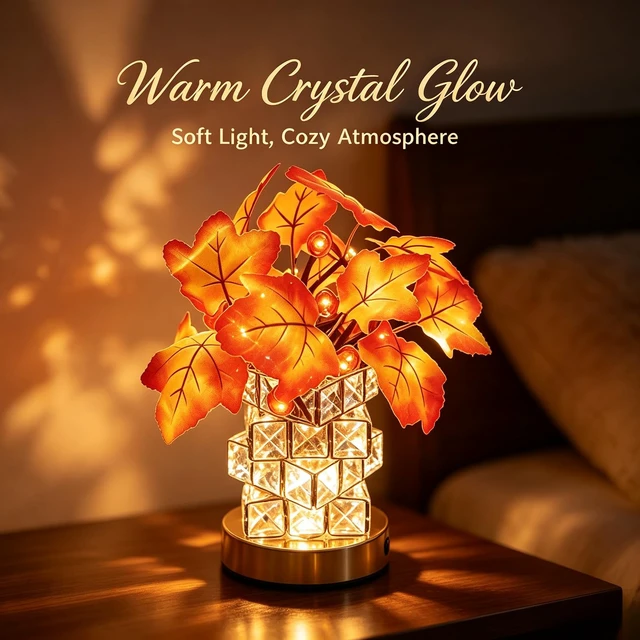 Alt view image 7 of 7 - LED Maple Leaf Lamp, USB, Crystal Base, Fall Decor Gift | USB maple leaf lamp with fabric leaves. Fall decor, thanksgiving halloween decor, home. & pumpkin lights, twinkling pumpkins.