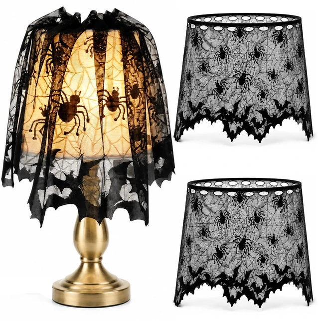 Main image of 2 Pcs Halloween Spider Web Lamp Shade Topper, 20 X 60 Inch Halloween Decor | Black Lace Lampshade Cover with Ribbon for Halloween Decorations Indoor