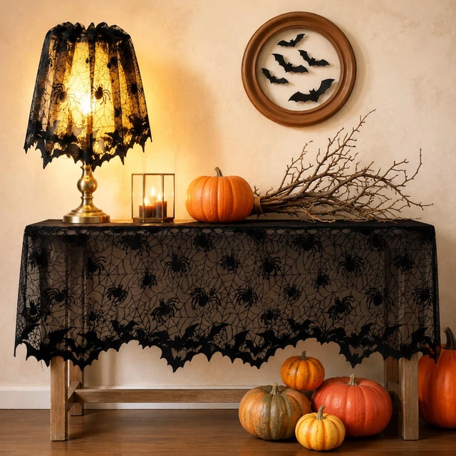 Alt view image 4 of 7 - 2 Pcs Halloween Spider Web Lamp Shade Topper, 20 X 60 Inch Halloween Decor | Black Lace Lampshade Cover with Ribbon for Halloween Decorations Indoor